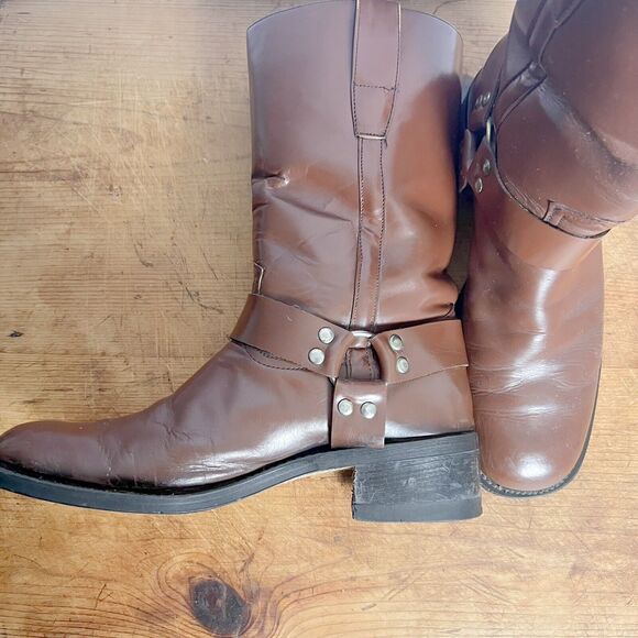 Distressed Square Toe Harness Boots Women's Size 11 Brown Faux Leather Moto Boho - Picture 3 of 13